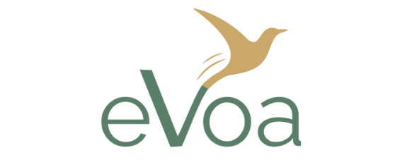Logotipo evoa Escrito Evoa com um pássaro dourado e listras indicando voo