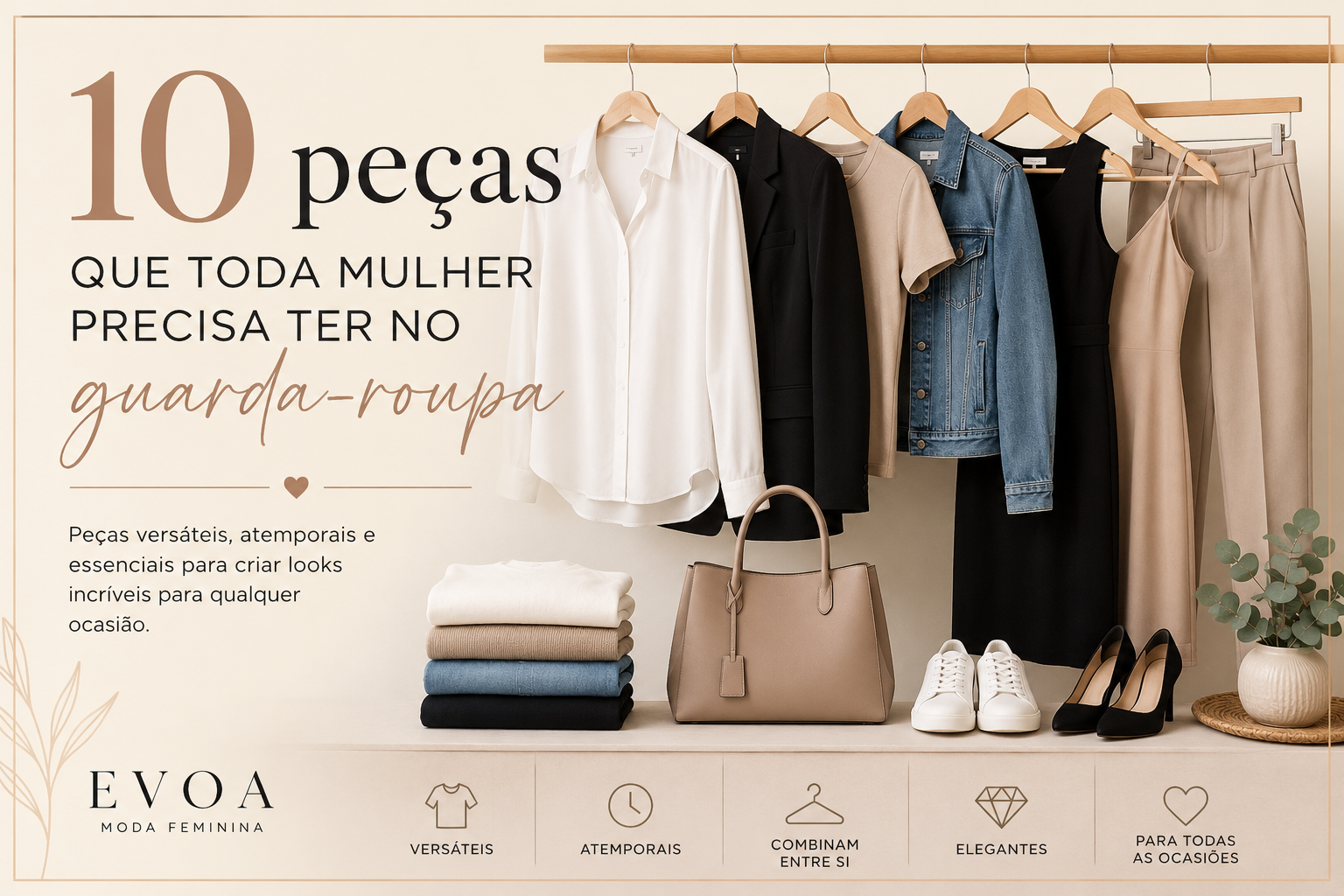 IUmagem com peças de roupas no cabide com o título "Dez peças que toda mulher precisa ter no guarda-roupa.
